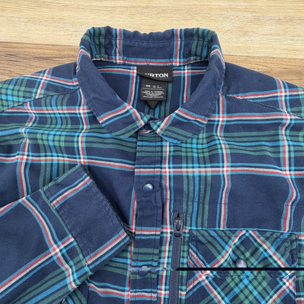 Burton Mens M Plaid Snap Front Flannel Shirt Green Navy Long Sleeve